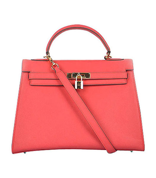 Hermes Kelly 32cm Watermelon Red Palm Print Leather Bag with Golden Metal