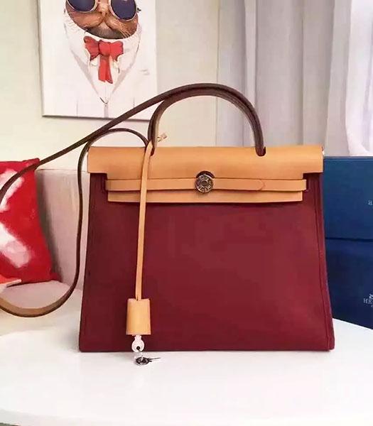 Hermes Kelly 32cm Wine Red Fabric With Earth Yellow Leather Bag