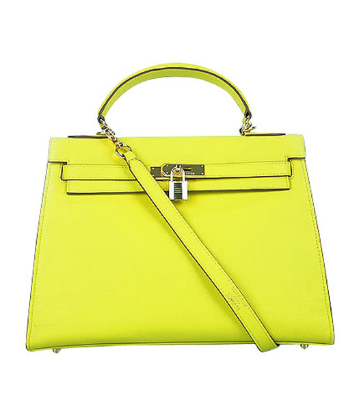 Hermes Kelly 32cm Yellow Palm Print Leather Bag with Golden Metal