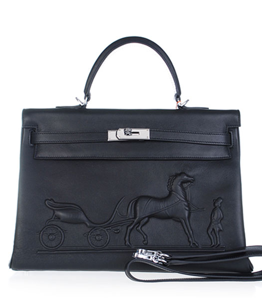 Hermes Kelly 35cm Horse-drawn Carriage Black Plain Veins Bag Silver Metal