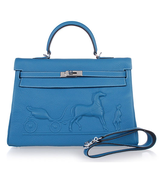 Hermes Kelly 35cm Horse-drawn Carriage Blue Togo Leather Bag Silver Metal