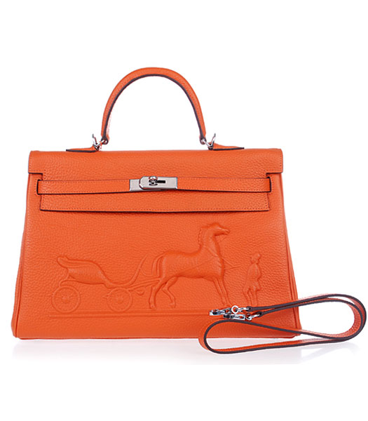 Hermes Kelly 35cm Horse-drawn Carriage Orange Togo Leather Bag Silver Metal