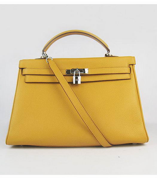 Hermes Kelly 35cm Yellow Togo Leather Bag Silver Metal