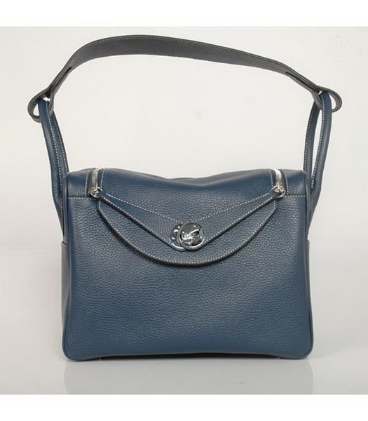 Hermes Lindy 30cm Dark Blue Togo Leather Silver Metal Bag