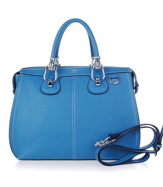 Hermes Medium Double-duty Middle Blue Togo Leather Bag Silver Metal