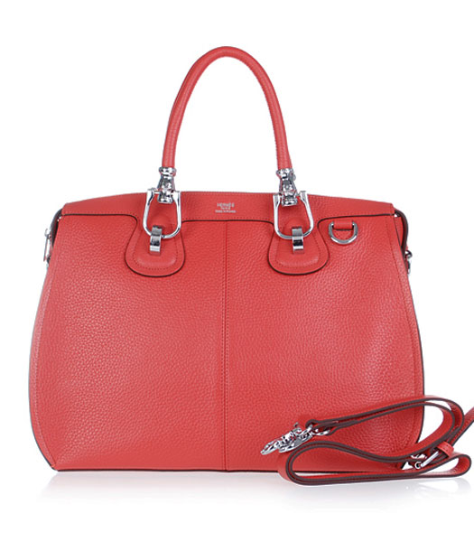 Hermes Medium Double-duty Watermelon Red Togo Leather Bag Silver Metal