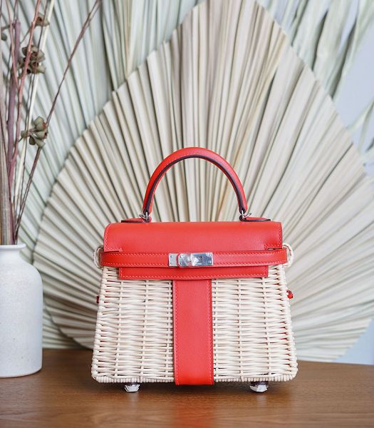 Hermes Mini Kelly Picnic 20cm Bag Woven Wicker Red Imported Leather Silver Metal