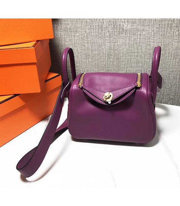 Hermes Mini Lindy 18cm Bag Actinia Purple Original Swift Leather Golden Metal