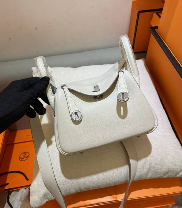 Hermes Mini Lindy 18cm Bag White Real Croc Leather With Swift Leather Silver Metal