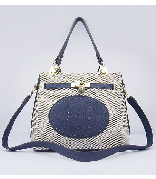 Hermes Mini So Kelly Bag Fabric with Dark Blue Togo Leather Golden Metal