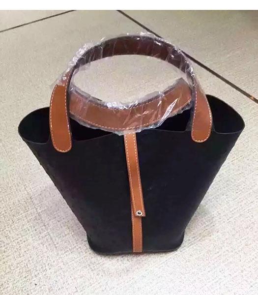 Hermes Picotin Lock Black Leather Ostrich Grain Small Shoulder Bag