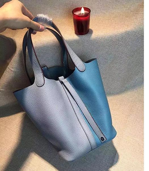 Hermes Picotin Lock Blue Leather Litchi Veins Small Shoulder Bag