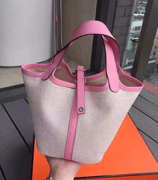 Hermes Picotin Lock Fabric With Pink Original Leather Small Bag