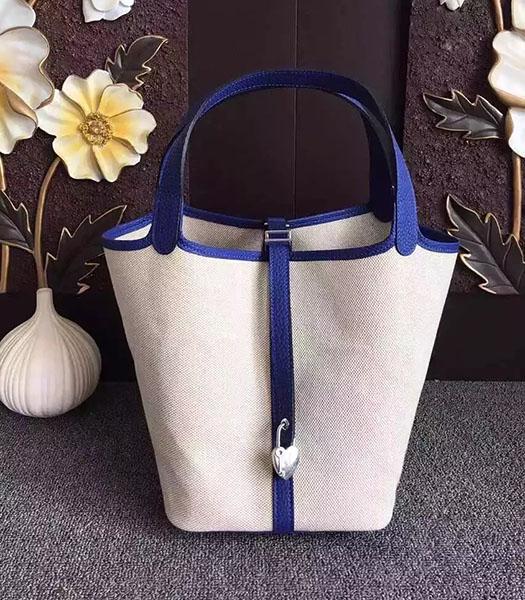 Hermes Picotin Lock Fabric With Sapphire Blue Original Leather Small Bag