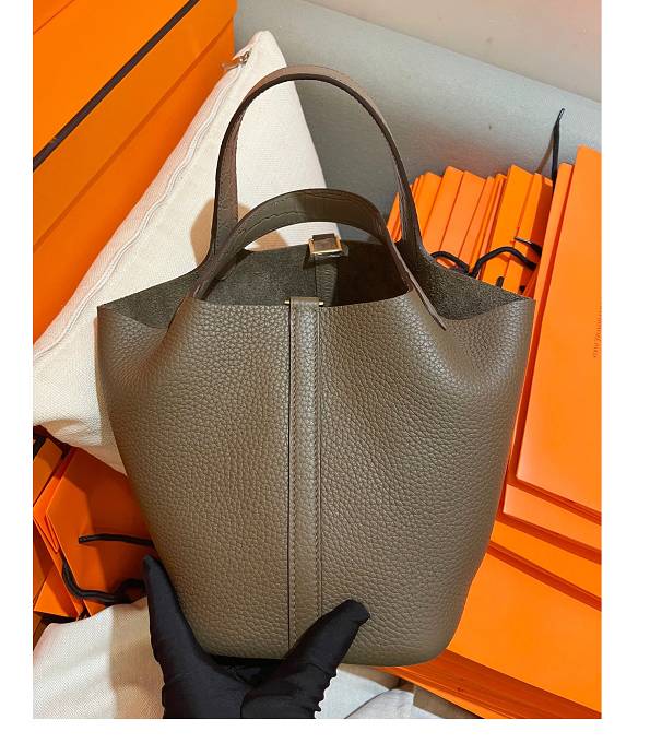 Hermes Picotin Lock MM Bag Elephant Grey Original Swift Leather Croc Veins Handle