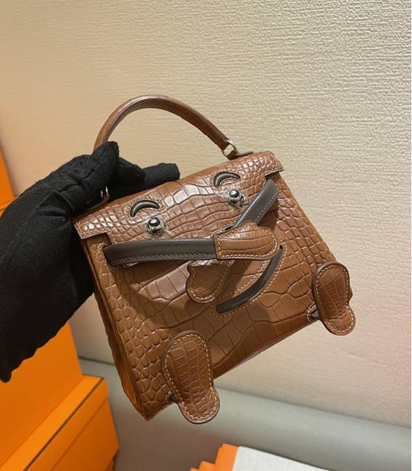 Hermes Quelle Idole Kelly Doll Bag Brown/Coffee Real Croc Leather