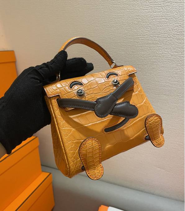 Hermes Quelle Idole Kelly Doll Bag Orange/Black Real Croc Leather