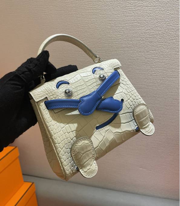 Hermes Quelle Idole Kelly Doll Bag White/Blue Real Croc Leather