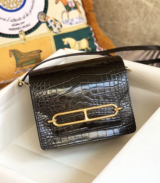 Hermes Roulis Mini 19cm Bag Black Croc Pattern Leather Golden Metal