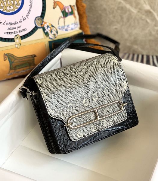 Hermes Roulis Mini 19cm Bag Black Croc Veins With Grey Lizard Leather Silver Metal