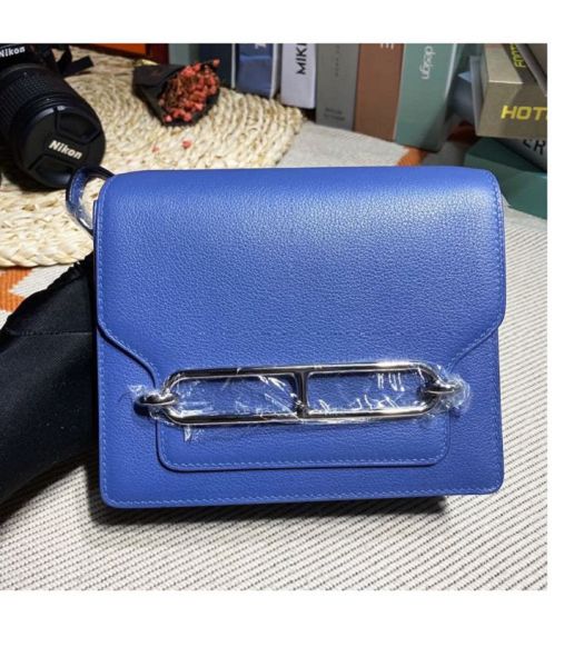 Hermes Roulis Mini 19cm Bag Blue Imported Leather Silver Metal