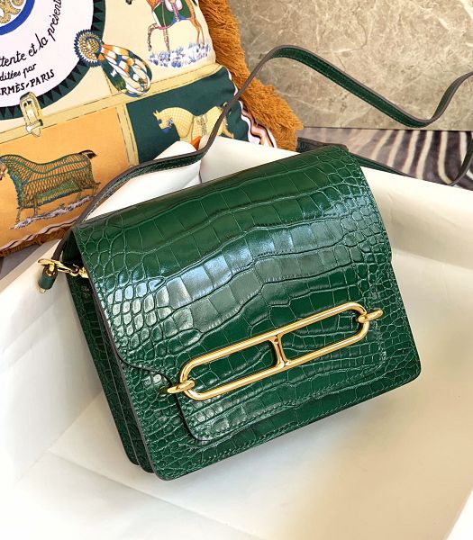 Hermes Roulis Mini 19cm Bag Green Croc Pattern Leather Golden Metal