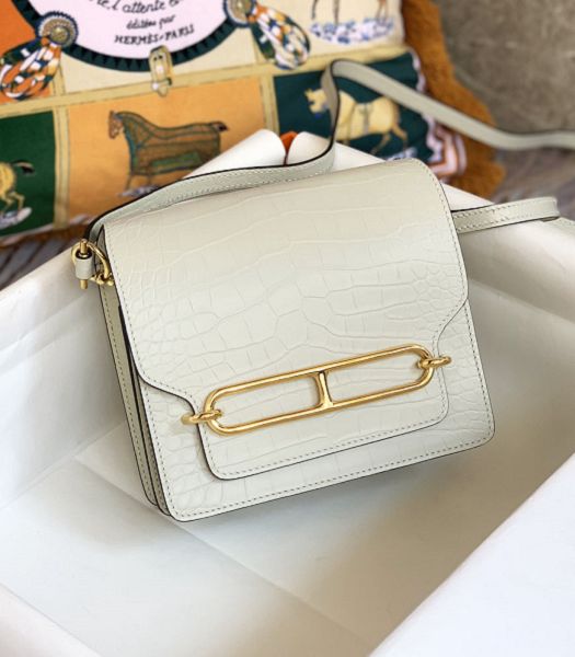 Hermes Roulis Mini 19cm Bag White Croc Pattern Leather Golden Metal