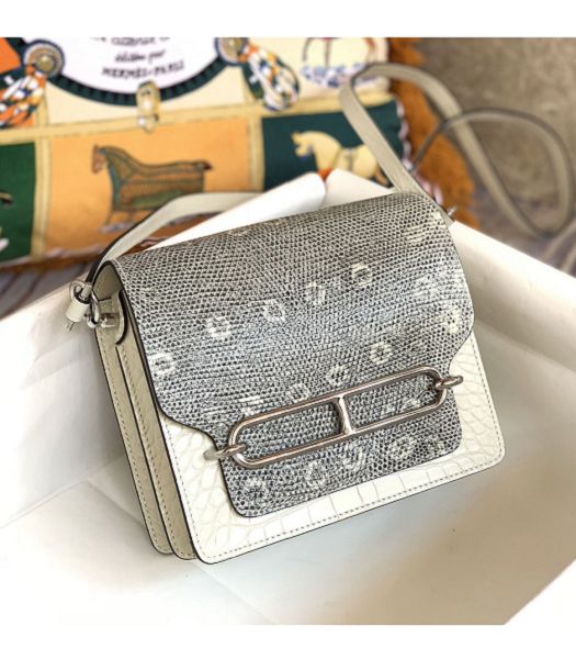 Hermes Roulis Mini 19cm Bag White Croc Veins With Grey Lizard Leather Silver Metal