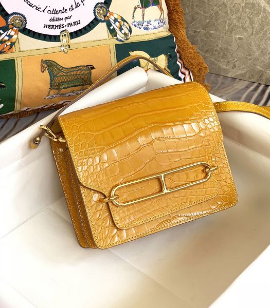 Hermes Roulis Mini 19cm Bag Yellow Croc Pattern Leather Golden Metal