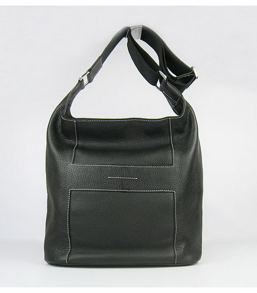 Hermes Shoulder Bag Black Leather Silver Metal