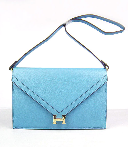 Hermes Small Envelope Message Bag Light Blue Leather with Gold Hardware