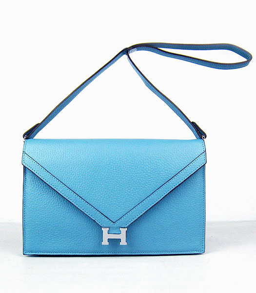 Hermes Small Envelope Message Bag Light Blue Leather with Silver Hardware