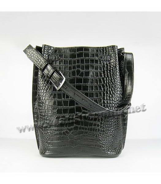 Hermes So Kelly 24cm Bag Black Croc Leather Silver Metal-2