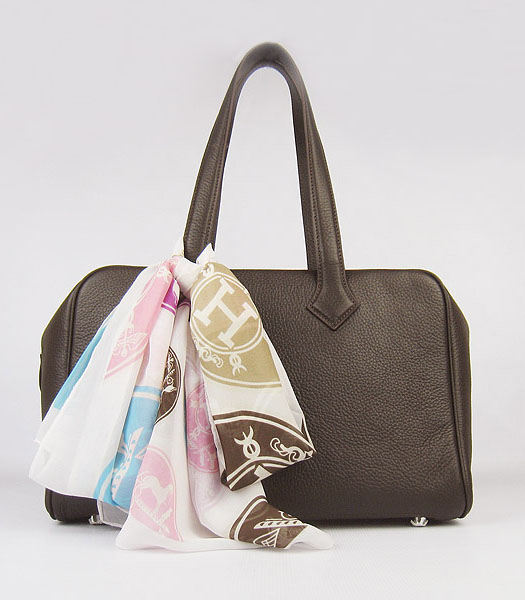 Hermes Victoria II Tote Bag Dark Coffee Leather with Scarf