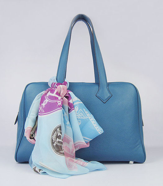 Hermes Victoria II Tote Bag Middle Blue Leather with Scarf