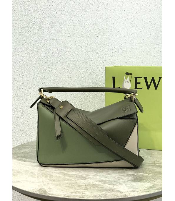 Loewe Army Green/White Original Calfskin Leather Medium Puzzle Bag