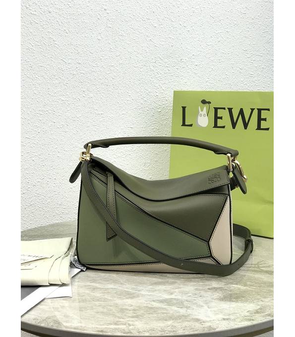 Loewe Army Green/White Original Litchi Veins Calfskin Leather Small Puzzle Bag
