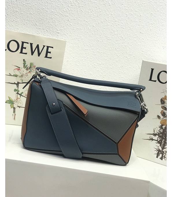 Loewe Light Blue/Brown Original Litchi Veins Calfskin Leather Medium Puzzle Bag
