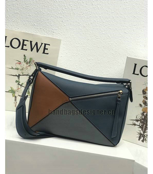 Loewe Light Blue/Brown Original Litchi Veins Calfskin Leather Medium Puzzle Bag-2
