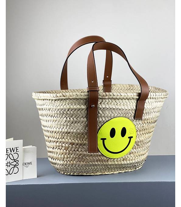 Loewe Palm Leaf With Apple Green Smile Face Brown Original Calfskin Leather Basket Bag