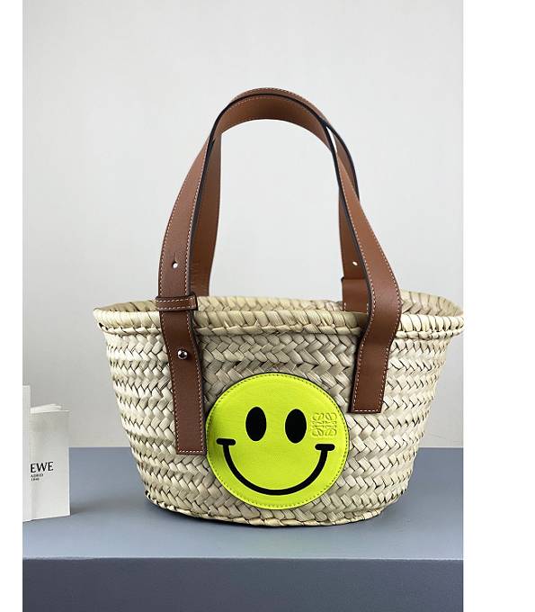 Loewe Palm Leaf With Apple Green Smile Face Brown Original Calfskin Leather Small Basket Bag