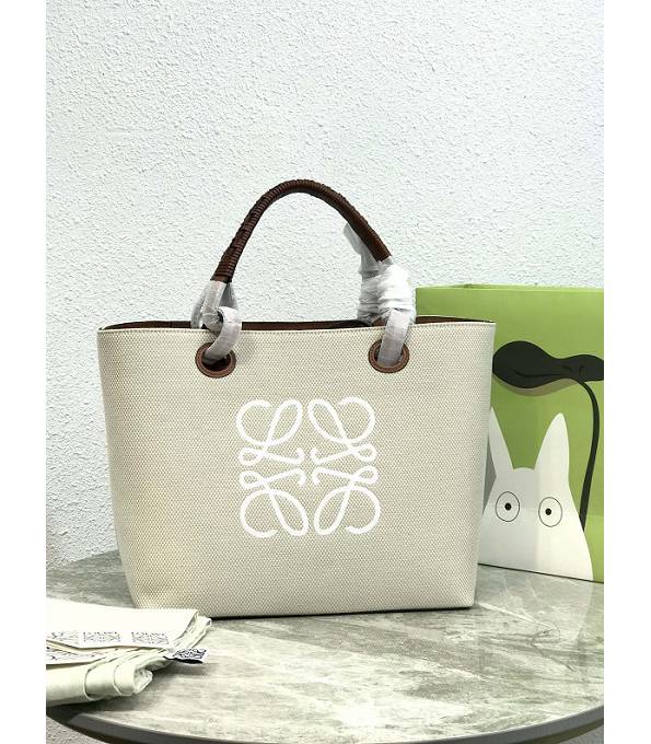 Loewe White Canvas With Brown Original Leather Small Anagram Tote Bag-1