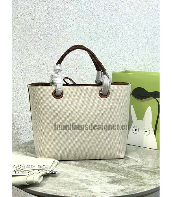 Loewe White Canvas With Brown Original Leather Small Anagram Tote Bag-2