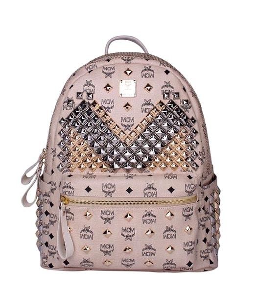 MCM Exclusive Full Studs Medium Backpack Offwhite Leather