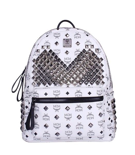 MCM Exclusive Full Studs Medium Backpack White Leather