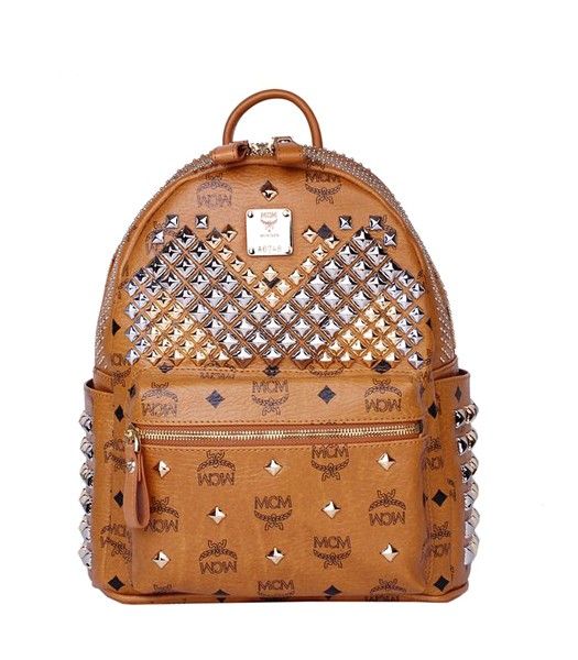 MCM Exclusive Full Studs Small Backpack Earth Yellow Leather