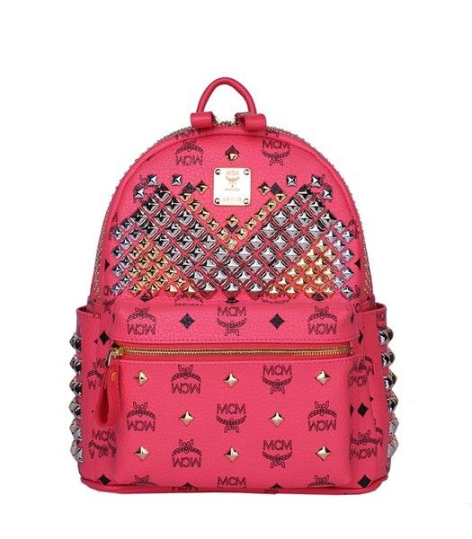 MCM Exclusive Full Studs Small Backpack Watermelon Red Leather