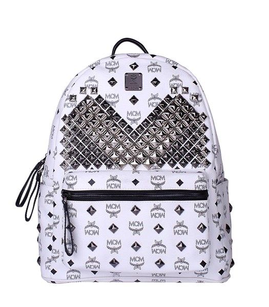 MCM Exclusive M Full Studs Studded Stark Medium Backpack White Leather