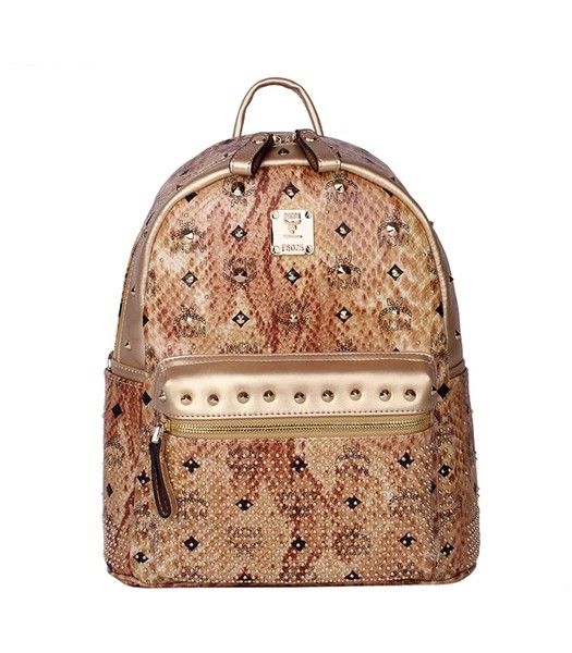 MCM Rivets Snakeskin Studded Leather Small Backpack In Golden