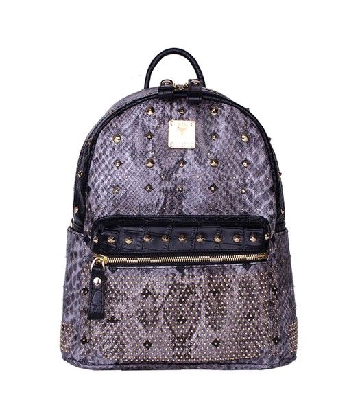 MCM Rivets Snakeskin Studded Leather Small Backpack In Grey